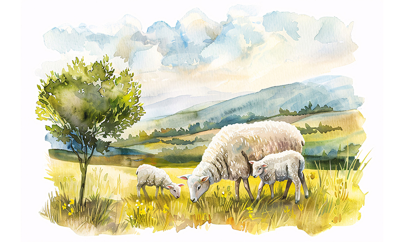 Pastoral watercolor scene of sheep grazing in a sunlit field with a tree and rolling hills in the background to the right of the landscape.