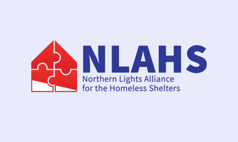 NLHS logo with a red puzzle-piece house icon on the left and bold blue 'NLHS' text; below it reads 'Northern Lights Alliance for the Homeless Shelters'