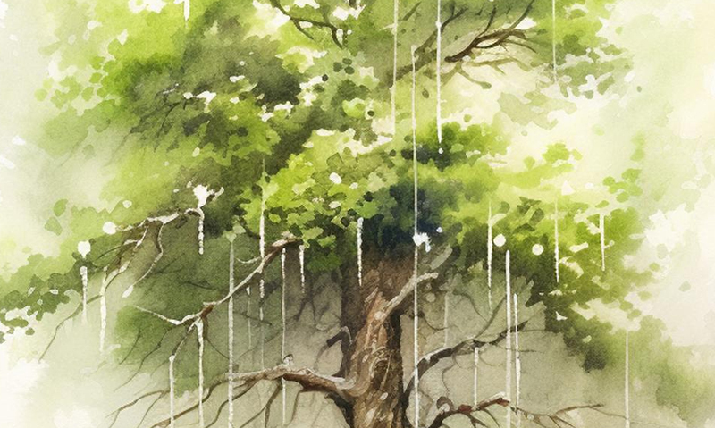 Watercolor painting of a lush tree with a green canopy and white vertical streaks suggesting rain or vines.